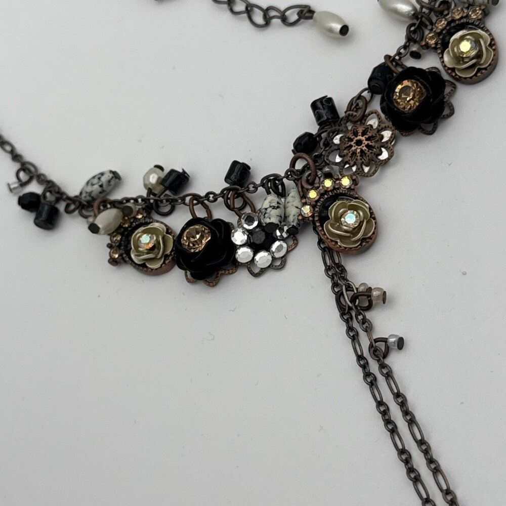Vintage Steampunk Floral Charm Necklace Mixed Metal Black Gold Y Drop 16” Adjust